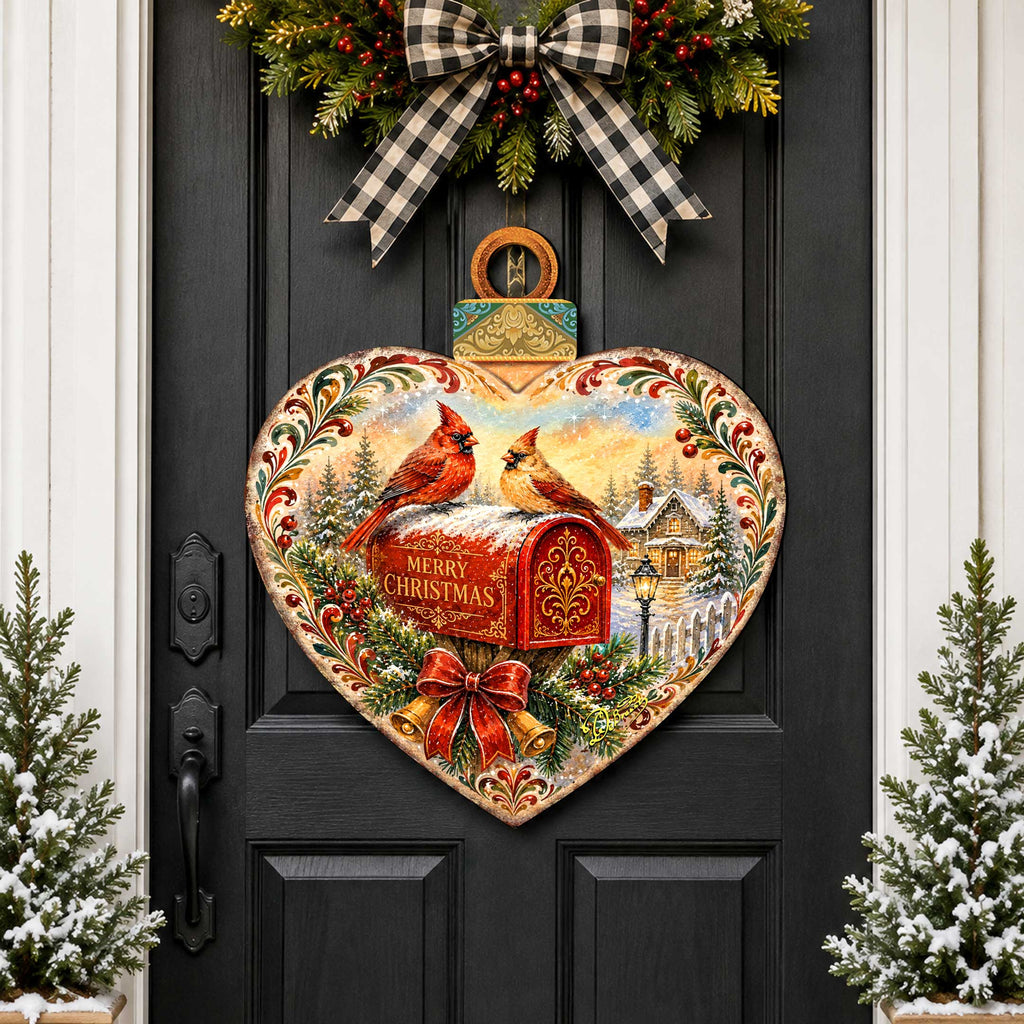 Merry Christmas Cardinals Heart Wooden Door Hanger – Christmas Mailbox Holiday Décor – 8652904H