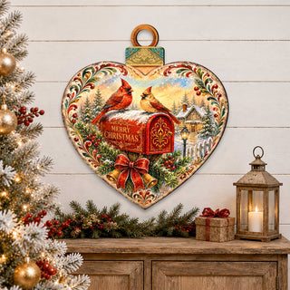 Merry Christmas Cardinals Heart Wooden Door Hanger – Christmas Mailbox Holiday Décor – 8652904H