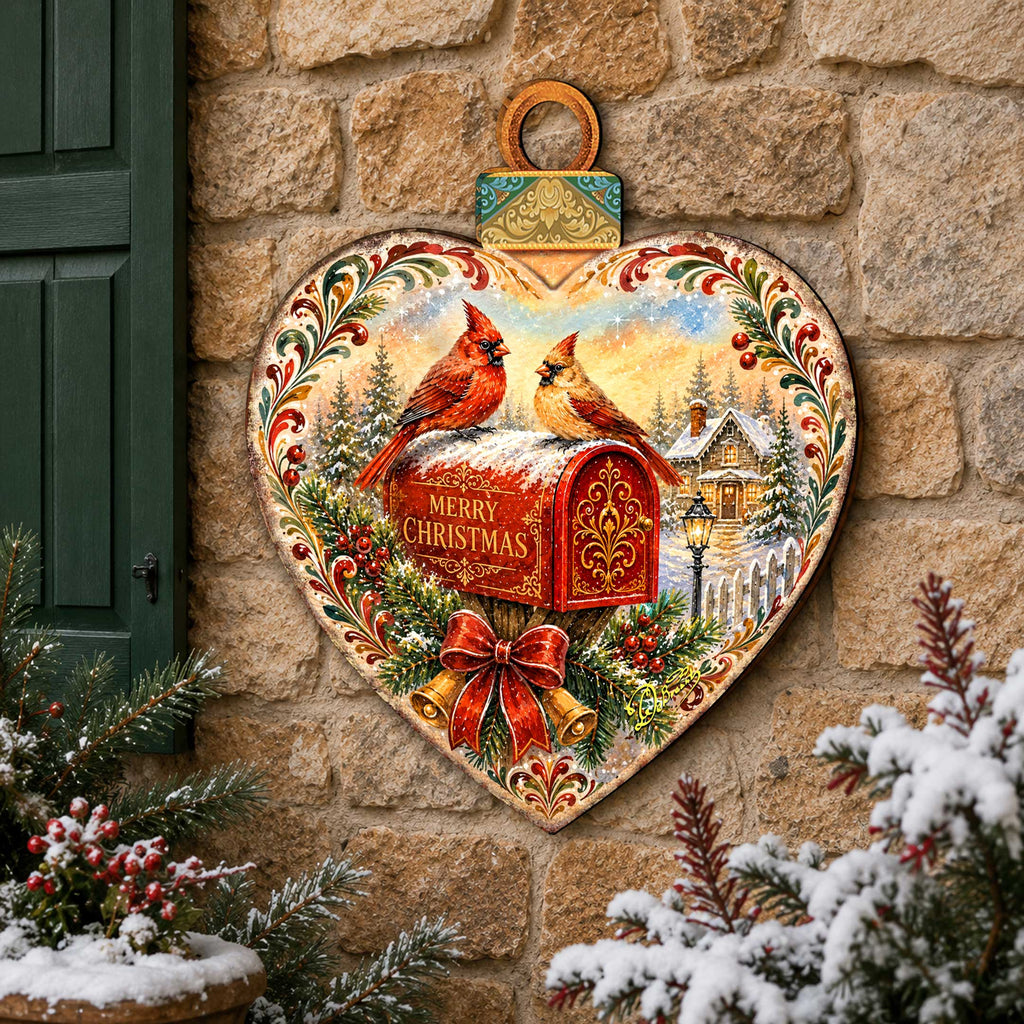 Merry Christmas Cardinals Heart Wooden Door Hanger – Christmas Mailbox Holiday Décor – 8652904H