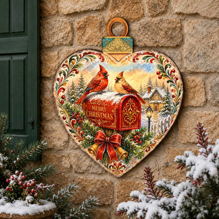 Merry Christmas Cardinals Heart Wooden Door Hanger – Christmas Mailbox Holiday Décor – 8652904H