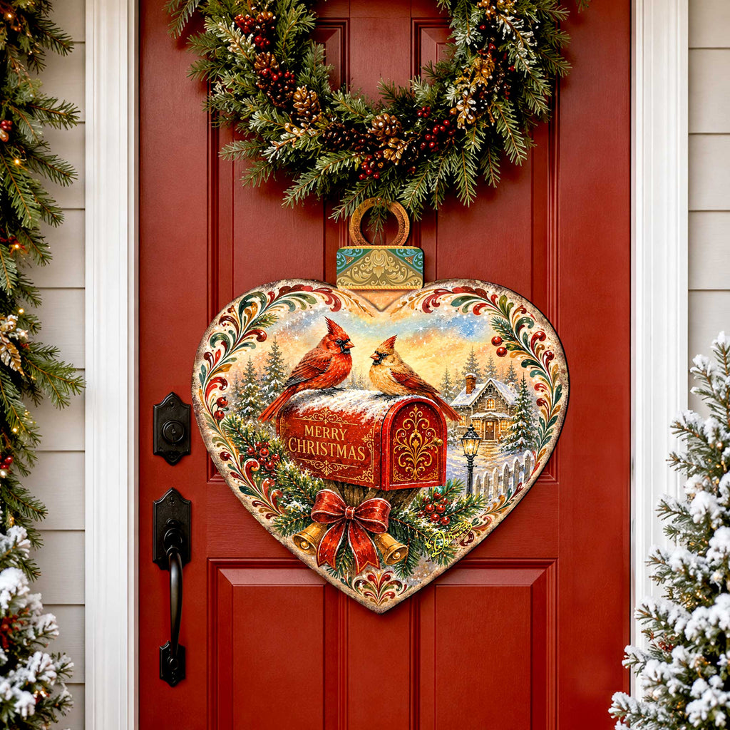 Merry Christmas Cardinals Heart Wooden Door Hanger – Christmas Mailbox Holiday Décor – 8652904H