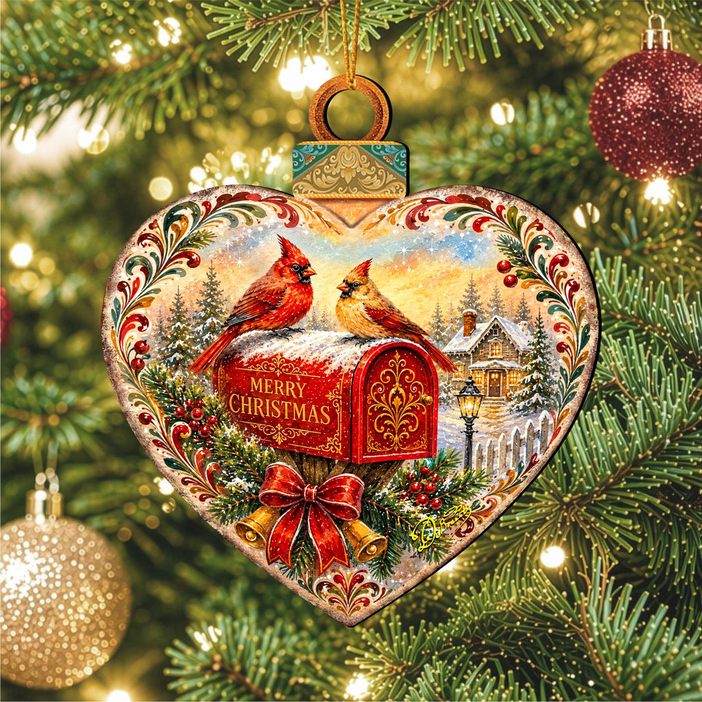 Merry Christmas Cardinals Mailbox Wooden Ornament – Heart-Shaped Holiday Décor by G. Debrekht – 8652904