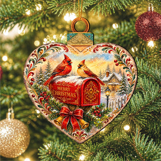 Merry Christmas Cardinals Mailbox Wooden Ornament – Heart-Shaped Holiday Décor by G. Debrekht – 8652904
