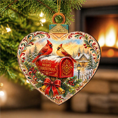 Merry Christmas Cardinals Mailbox Wooden Ornament – Heart-Shaped Holiday Décor by G. Debrekht – 8652904