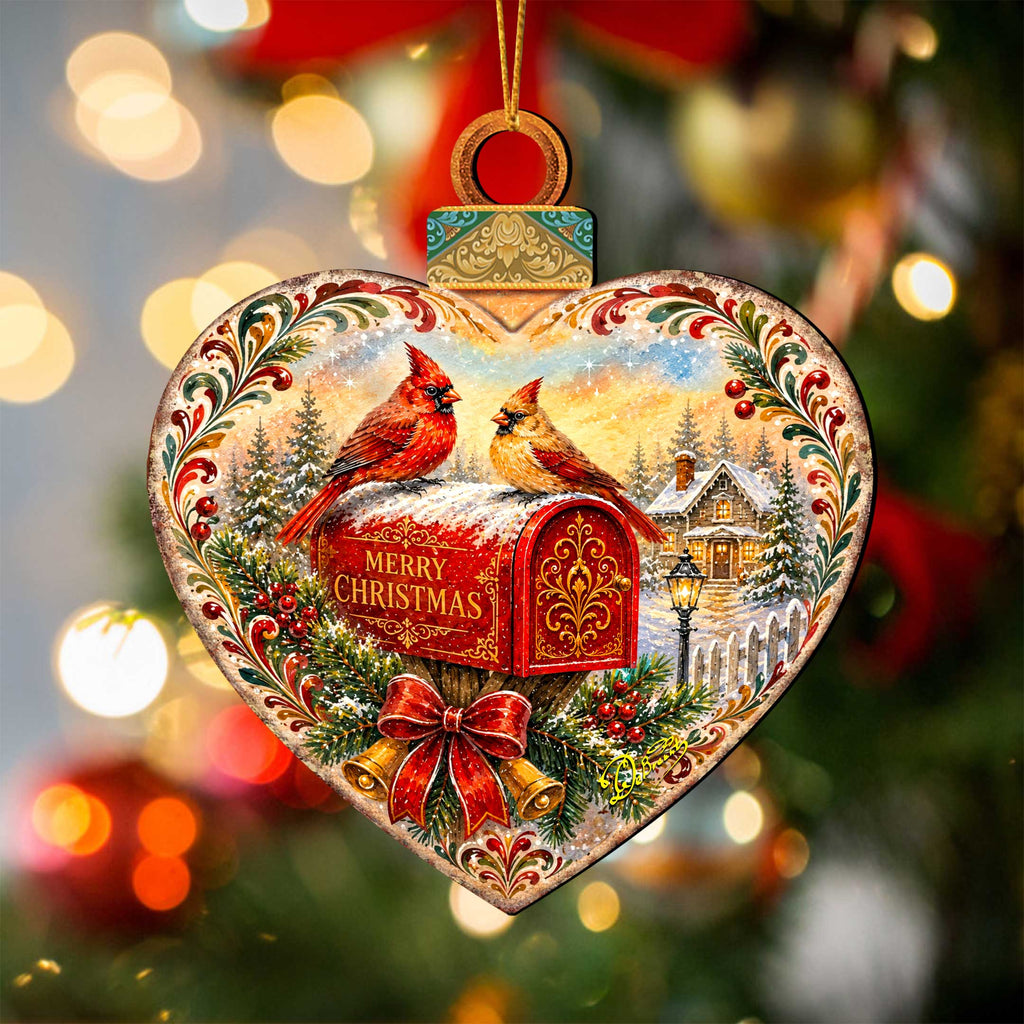 Merry Christmas Cardinals Mailbox Wooden Ornament – Heart-Shaped Holiday Décor by G. Debrekht – 8652904