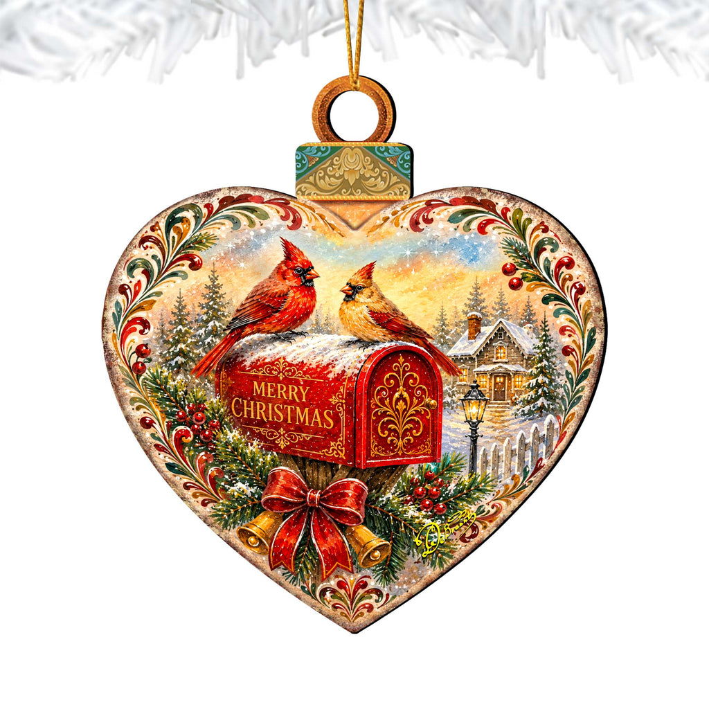 Merry Christmas Cardinals Mailbox Wooden Ornament – Heart-Shaped Holiday Décor by G. Debrekht – 8652904