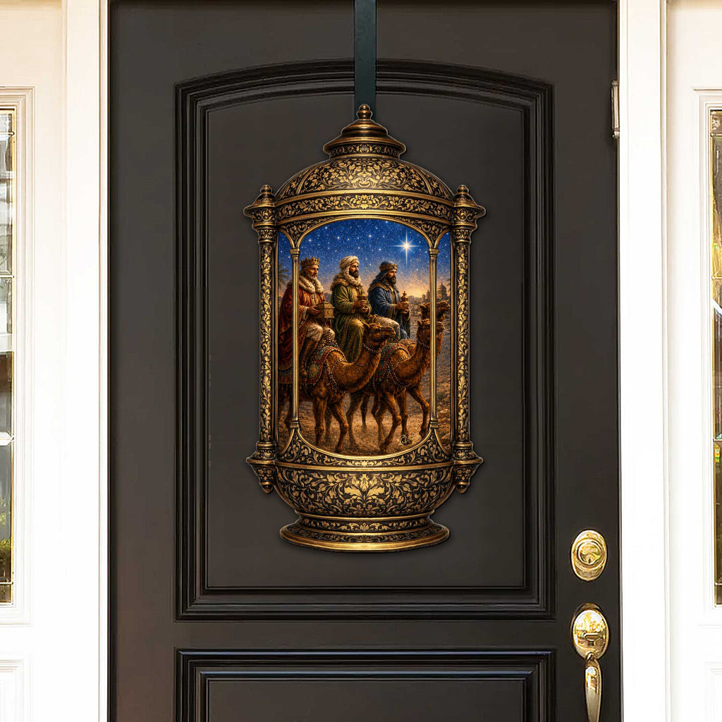 Three Wise Men Nativity Christmas Wooden Door Hanger – Ornate Lantern Holiday Door Décor by G. DeBrekht – 8652906H