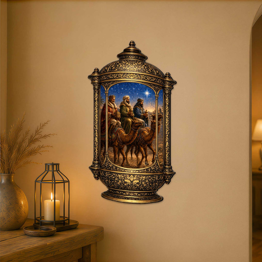 Three Wise Men Nativity Christmas Wooden Door Hanger – Ornate Lantern Holiday Door Décor by G. DeBrekht – 8652906H