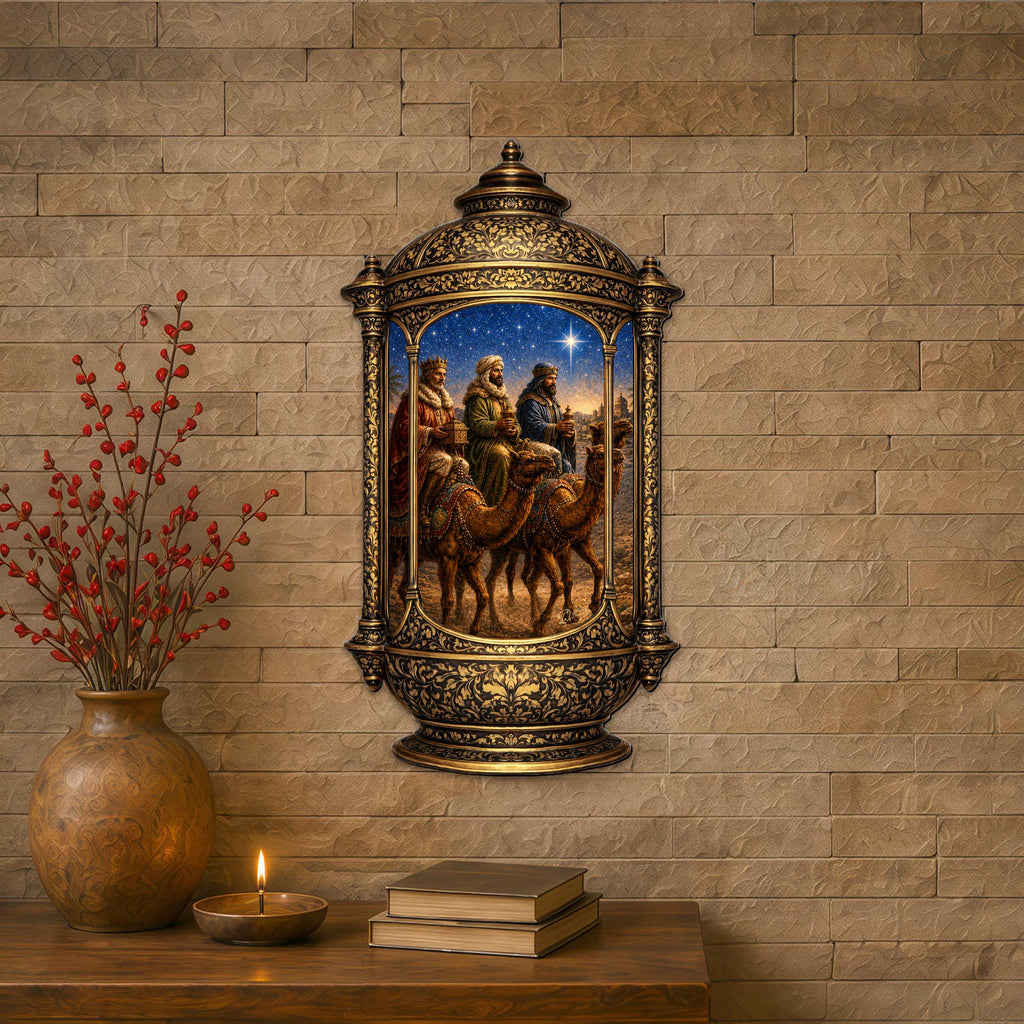 Three Wise Men Nativity Christmas Wooden Door Hanger – Ornate Lantern Holiday Door Décor by G. DeBrekht – 8652906H