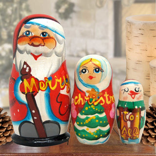 Merry Christmas Santa Family Matreshka Nesting Hand-Painted Dolls Set of 3 by G. DeBrekht - Christmas Santa Snowman Decor - 110161