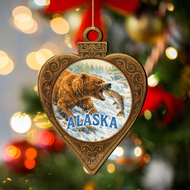 Alaska Grizzly Bear & Salmon Wooden Christmas Ornament – Wildlife Souvenir Ornament by G. DeBrekht – 8701069
