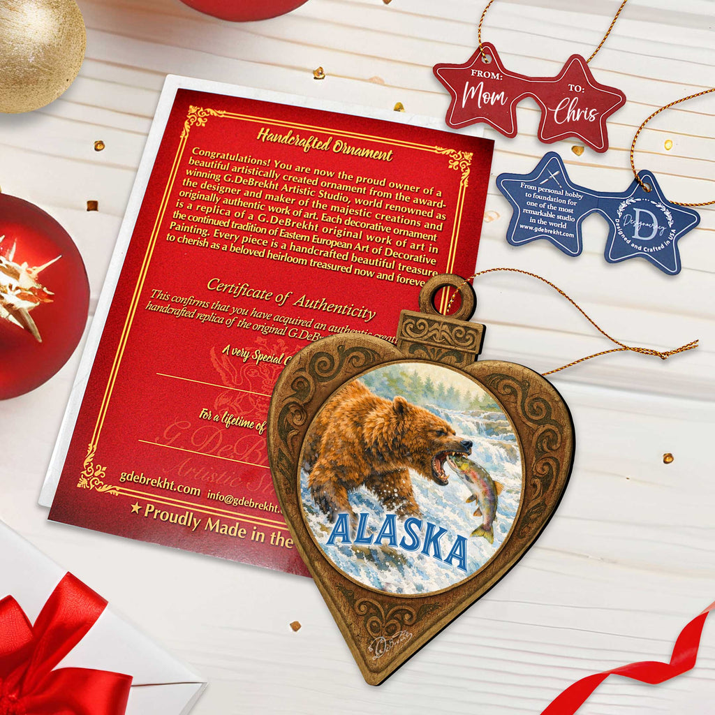 Alaska Grizzly Bear & Salmon Wooden Christmas Ornament – Wildlife Souvenir Ornament by G. DeBrekht – 8701069