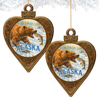 Alaska Grizzly Bear & Salmon Wooden Christmas Ornament – Wildlife Souvenir Ornament by G. DeBrekht – 8701069