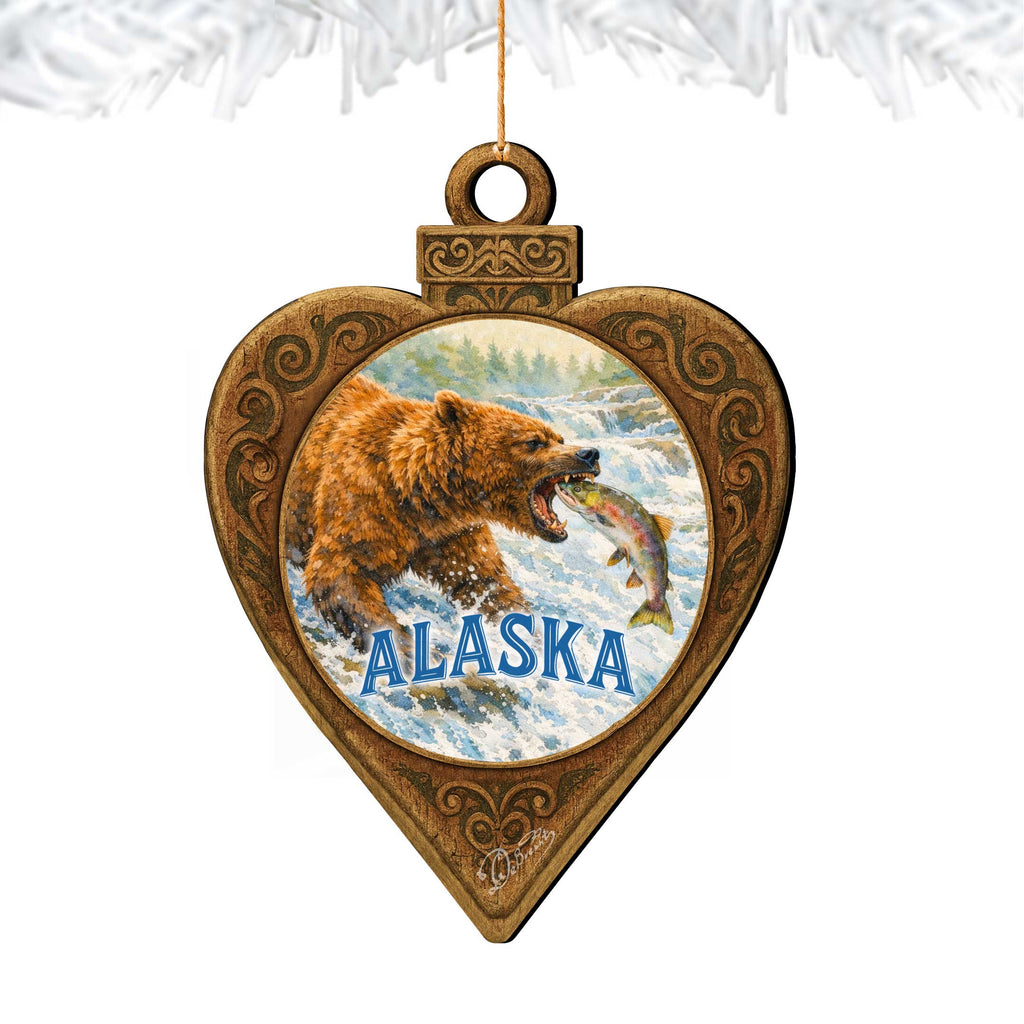 Alaska Grizzly Bear & Salmon Wooden Christmas Ornament – Wildlife Souvenir Ornament by G. DeBrekht – 8701069