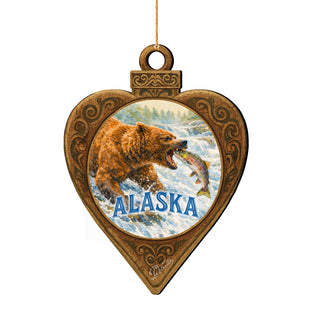 Alaska Grizzly Bear & Salmon Wooden Christmas Ornament – Wildlife Souvenir Ornament by G. DeBrekht – 8701069