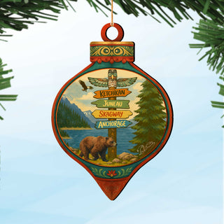 Alaska Bear & Totem Wooden Christmas Ornament – Ketchikan Juneau Skagway Anchorage Souvenir by G. DeBrekht – 8701071