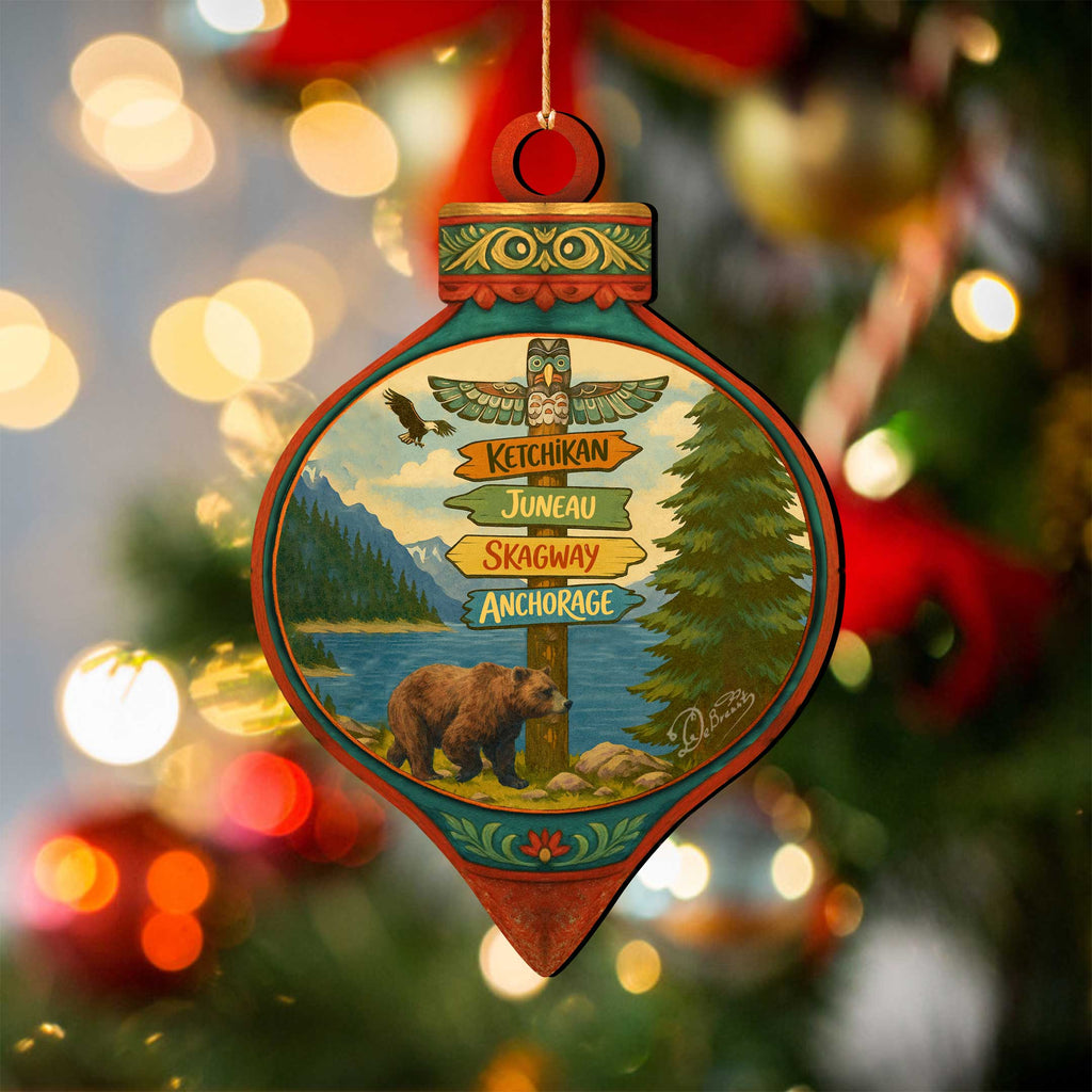 Alaska Bear & Totem Wooden Christmas Ornament – Ketchikan Juneau Skagway Anchorage Souvenir by G. DeBrekht – 8701071