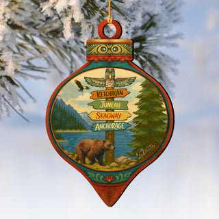 Alaska Bear & Totem Wooden Christmas Ornament – Ketchikan Juneau Skagway Anchorage Souvenir by G. DeBrekht – 8701071