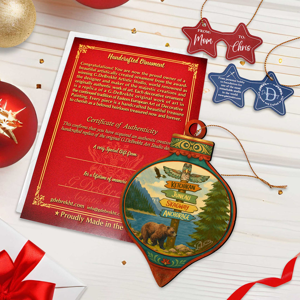 Alaska Bear & Totem Wooden Christmas Ornament – Ketchikan Juneau Skagway Anchorage Souvenir by G. DeBrekht – 8701071