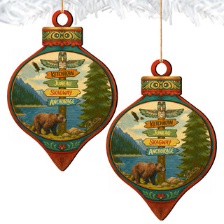 Alaska Bear & Totem Wooden Christmas Ornament – Ketchikan Juneau Skagway Anchorage Souvenir by G. DeBrekht – 8701071