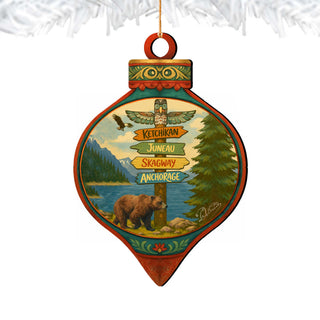 Alaska Bear & Totem Wooden Christmas Ornament – Ketchikan Juneau Skagway Anchorage Souvenir by G. DeBrekht – 8701071