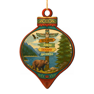 Alaska Bear & Totem Wooden Christmas Ornament – Ketchikan Juneau Skagway Anchorage Souvenir by G. DeBrekht – 8701071