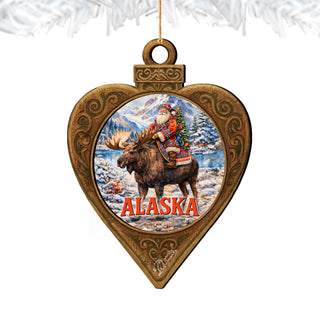 Alaska Santa Riding Moose Wooden Christmas Ornament – Alaskan Holiday Souvenir by G. DeBrekht – 8701073