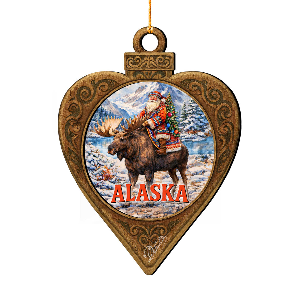 Alaska Santa Riding Moose Wooden Christmas Ornament – Alaskan Holiday Souvenir by G. DeBrekht – 8701073