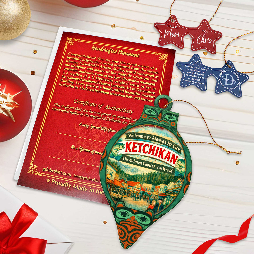 Ketchikan Alaska Wooden Christmas Ornament – Salmon Capital Alaska Souvenir by G. DeBrekht – 8701074