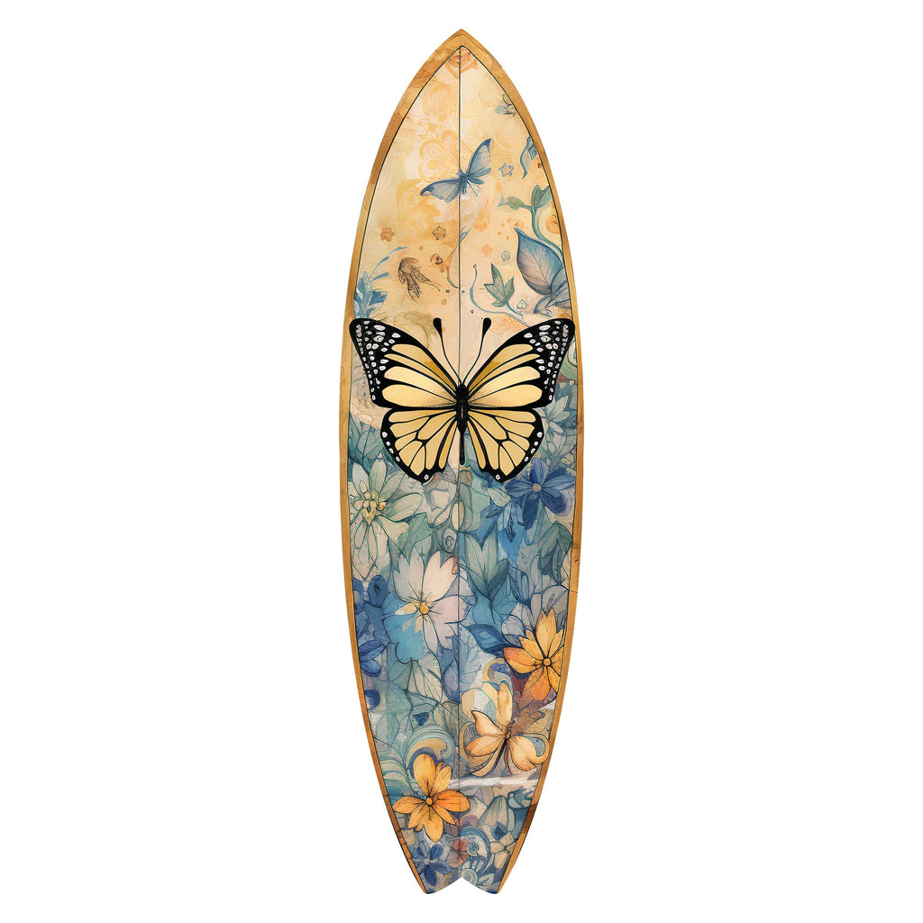 A surfboard with a floral design featuring a butterfly and various colorful flowers.