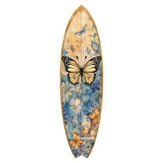 A surfboard with a floral design featuring a butterfly and various colorful flowers.