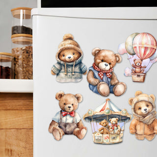 a refrigerator with a bunch of teddy bears on it