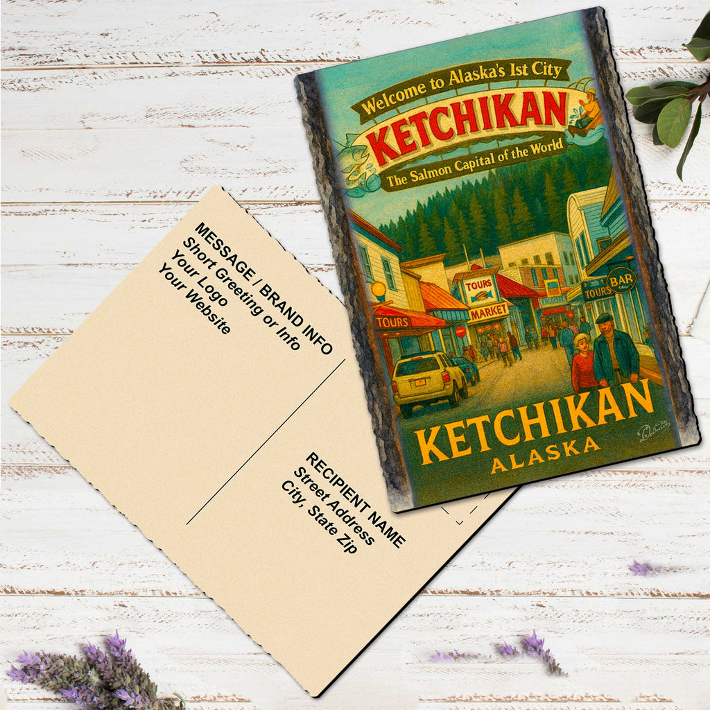 a vintage-style postcard with a colorful illustration of a town, along with text that reads 