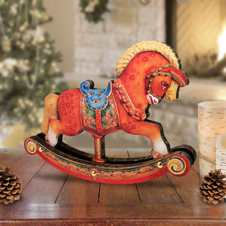 Rocking Horse Decorated Centerpiece Wooden Figurine by G DeBrekht - Christmas Santa and Snowman Decor - 89311