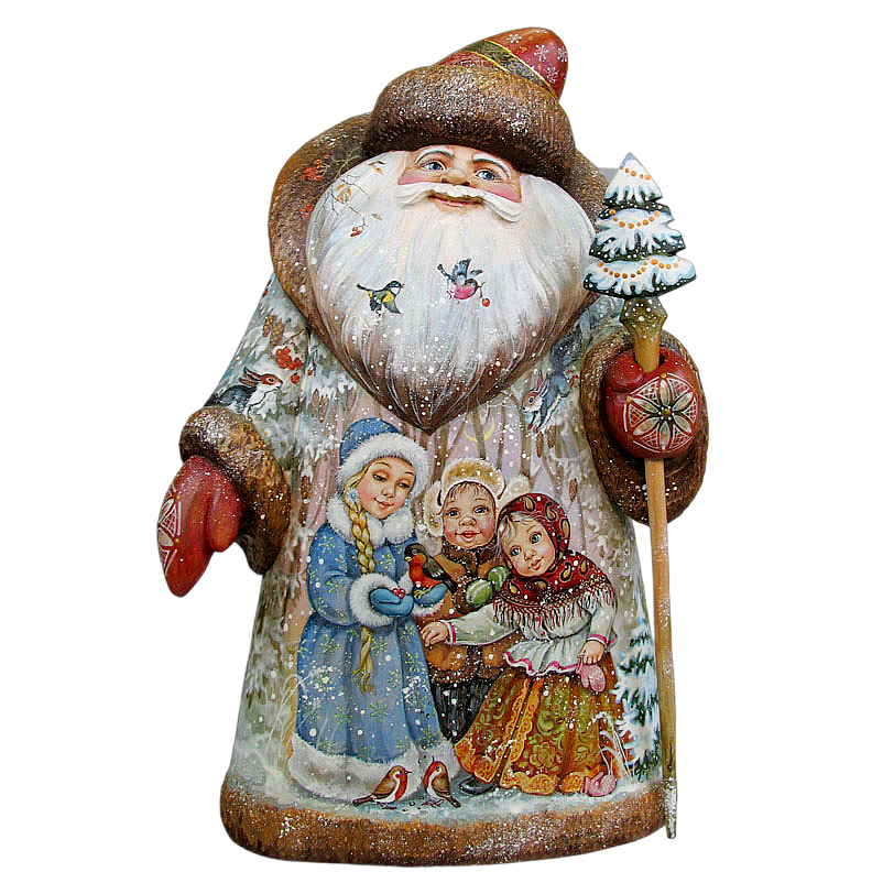A figurine of Santa Claus holding a Christmas tree and three children, with a snowy winter landscape in the background.