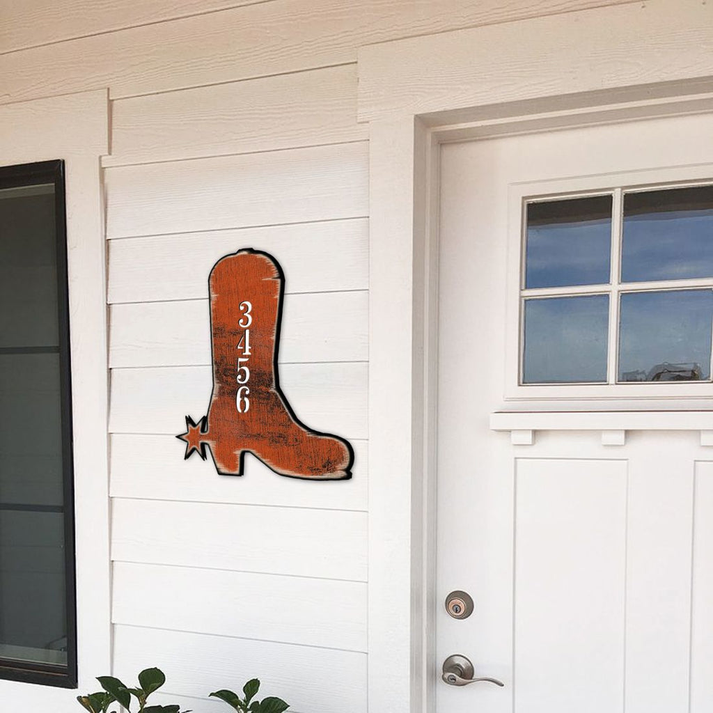Cowboy Boots Wooden Personalized House Number Sign by G. Odebrecht - Love Family Kids Decor - Handcrafted Wooden Handcrafted Wooden Address Sign - MA989142