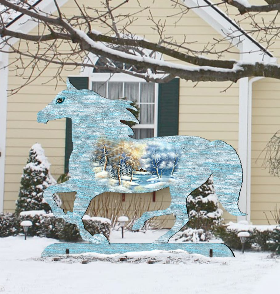 A wooden horse sculpture is displayed in front of a house, with a snowy landscape visible through the horse's body.