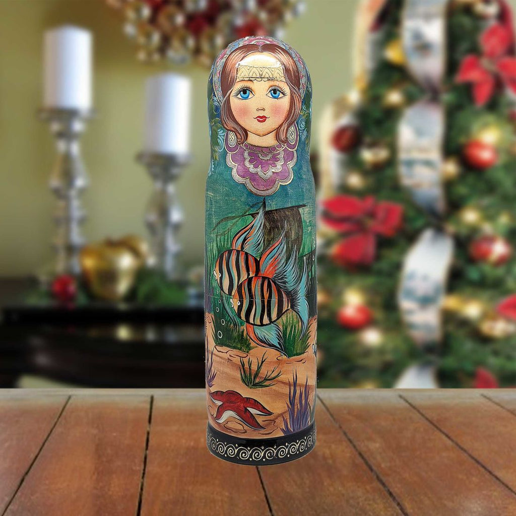 Fish Hand-Painted Wooden Bottle Holder, Wine Box, Tall Gift Box by G. DeBrekht - Coastal Holiday Decor - 191160