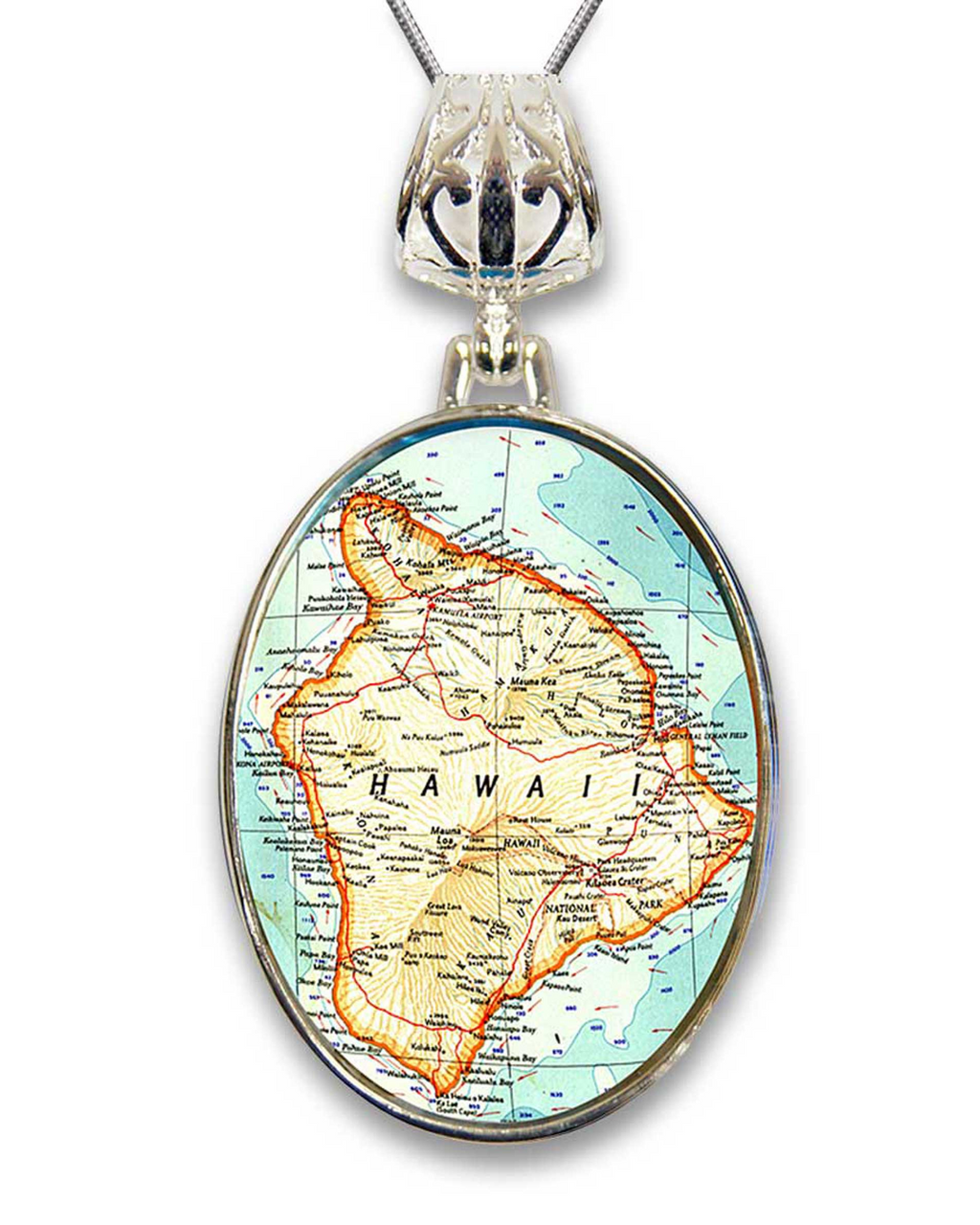 A pendant necklace with a circular design featuring a map of Hawaii.