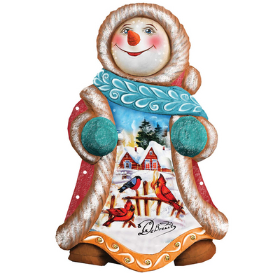 A colorful and whimsical snowman figure with a scarf, hat, and a winter scene on its belly.
