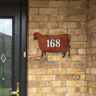 Cow Wooden Custom House Number Sign by G. DeBrekht - Nature Wildlife Decor - Handcrafted Wooden Handcrafted Wooden Address Sign - MA98140
