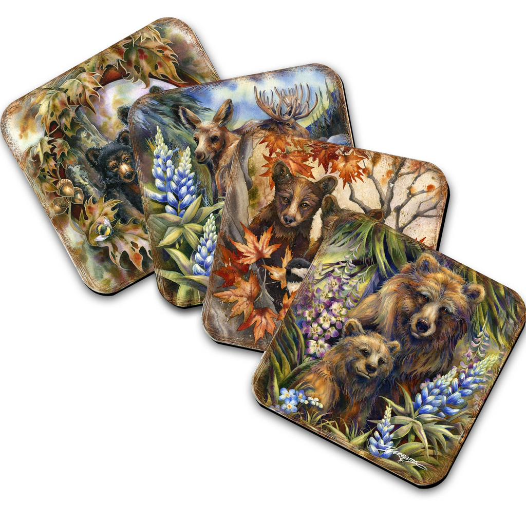 a collection of four square coasters featuring various wildlife scenes, including bears, kangaroos, and other animals in a natural setting.