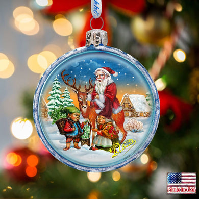 Santa With Elves Glass Ornament by G. DeBrekht - Christmas Santa Snowman Decor - 73353C