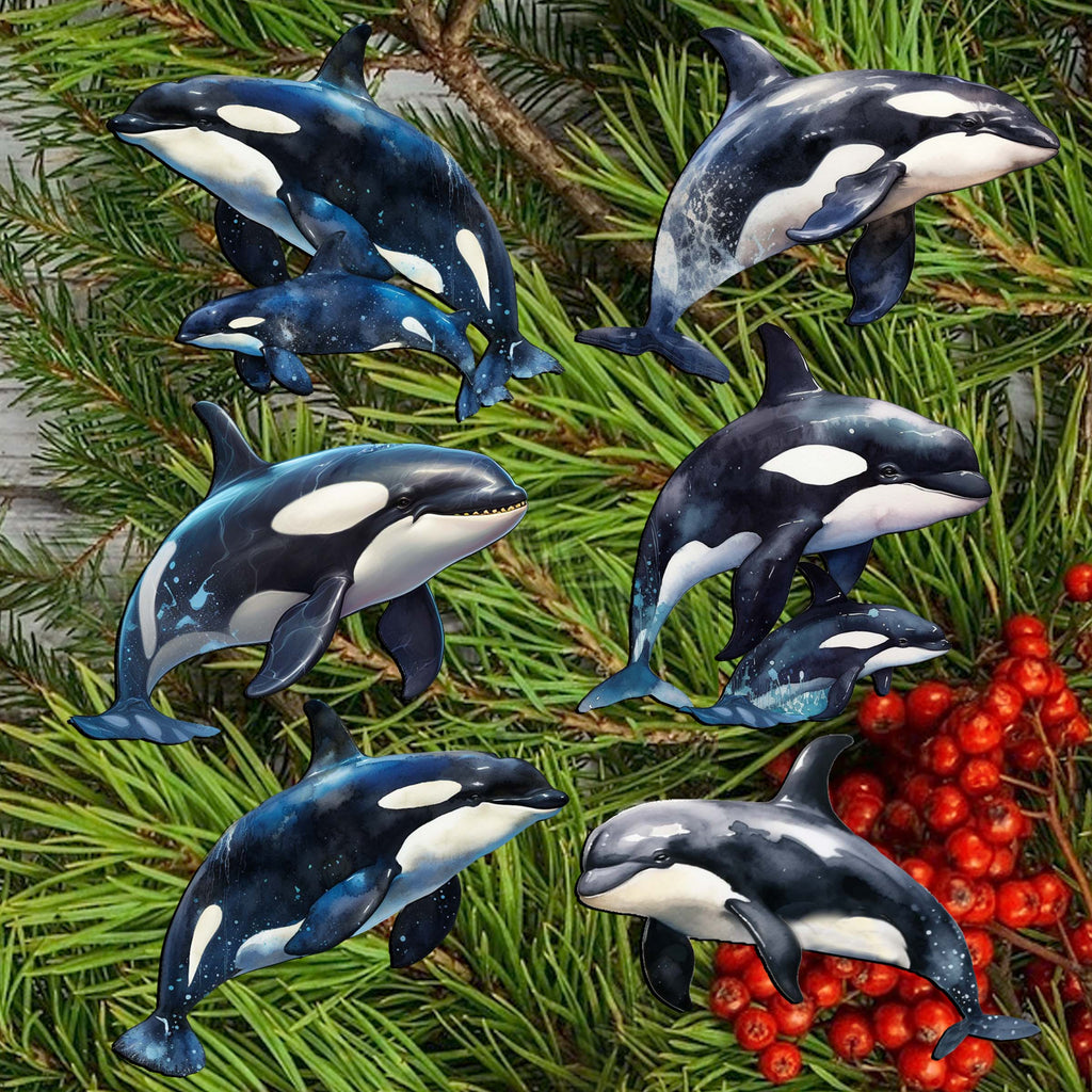 Majestic Orcas Clip-On Eco Wood Decorative Ornaments Set of 6 by G. Debrekht - Wildlife Decor - 8090102C-S6