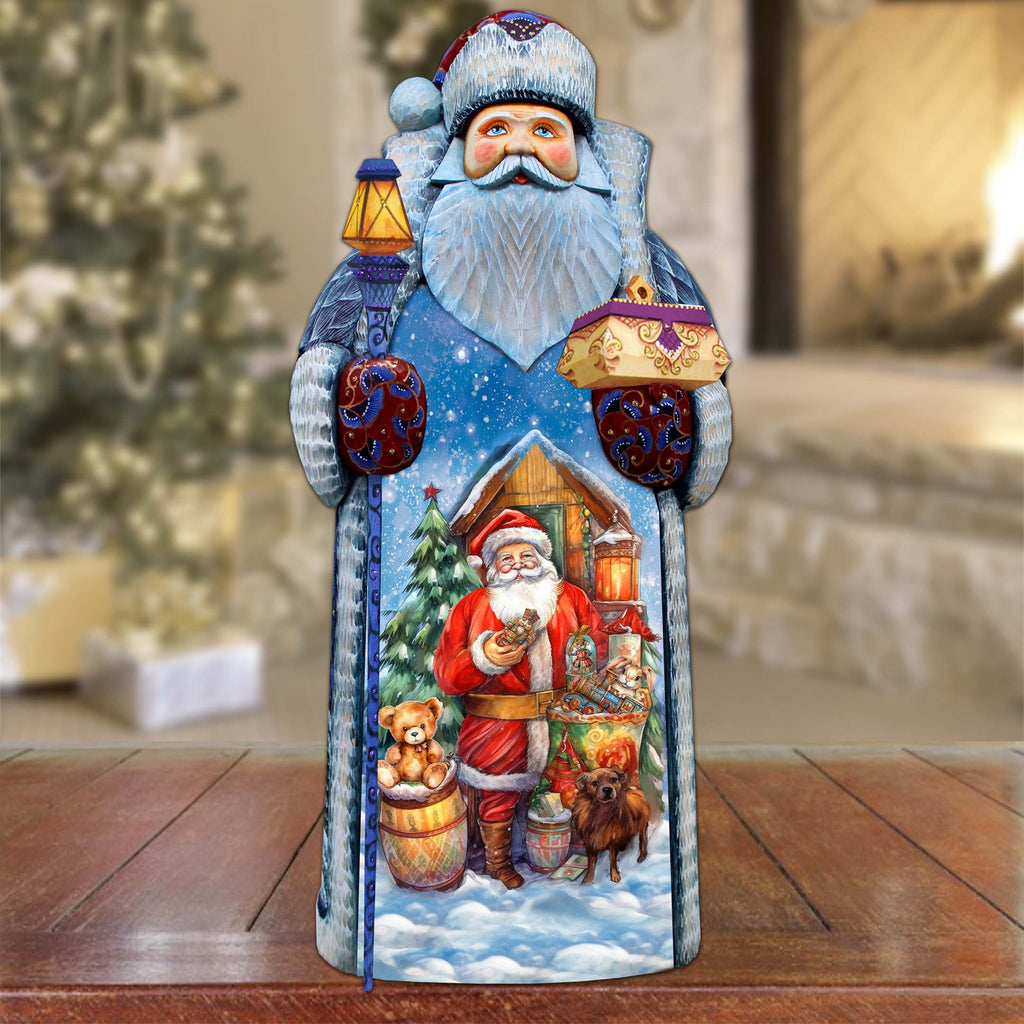 Jolly Santa Gifting Hand-Painted WOODCARVED Masterpiece Figurine by G. DeBrekht - Santa Snowman Christmas Decor - 215868