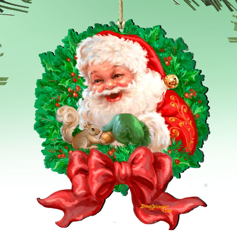 Santa Claus in a wreath, with a red bow and a small squirrel, is the central focus of the image.