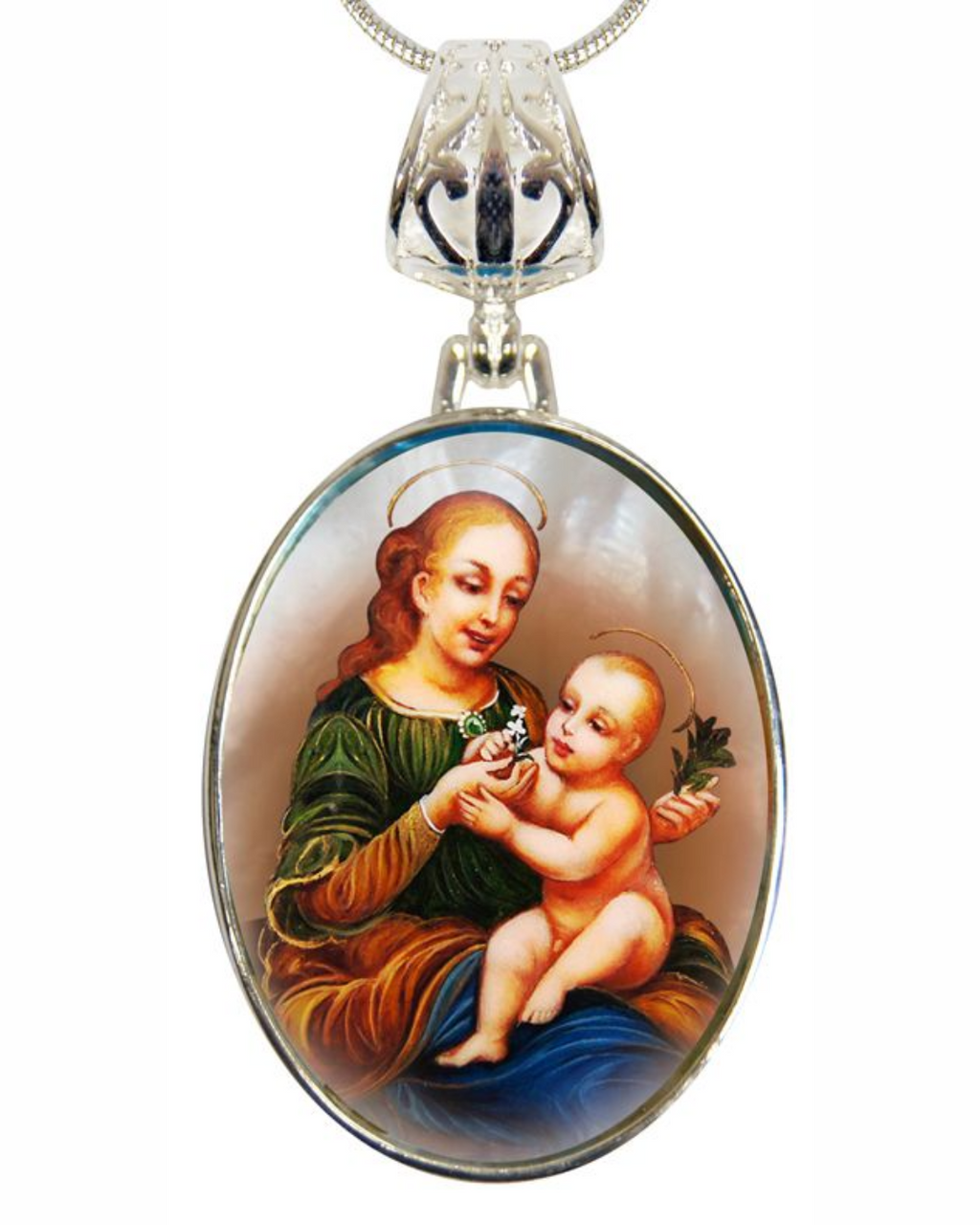 A pendant featuring a painting of the Virgin Mary holding the baby Jesus.