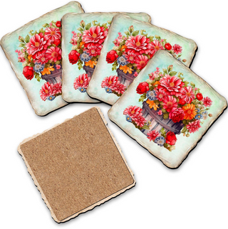 a collection of square coasters with floral designs, including a vase of flowers and a bouquet of flowers.