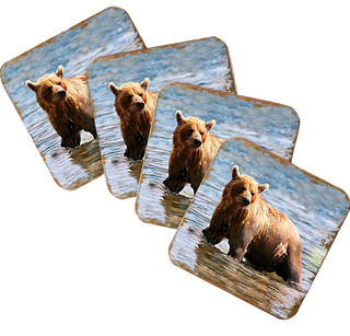 A collage of four images depicting a brown bear in various poses, including standing, sitting, and walking in a body of water.