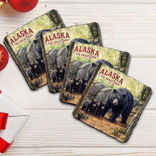 Alaska Black Bear Family Wooden Coasters – Set of 4 - Cork Backed Wildlife Coasters - 95409C-S4